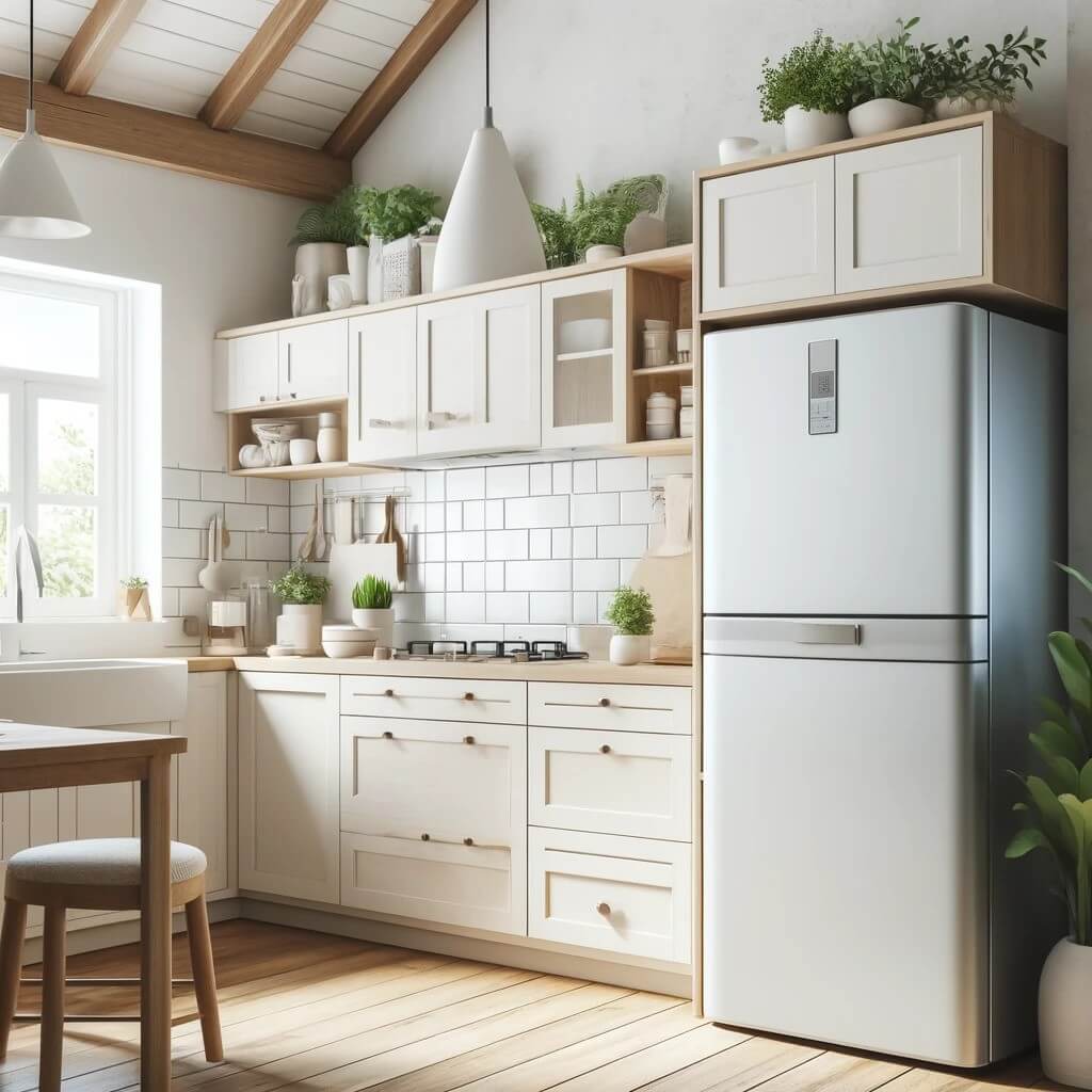 2-door top-freezer refrigerator in a scandinavian kitchen