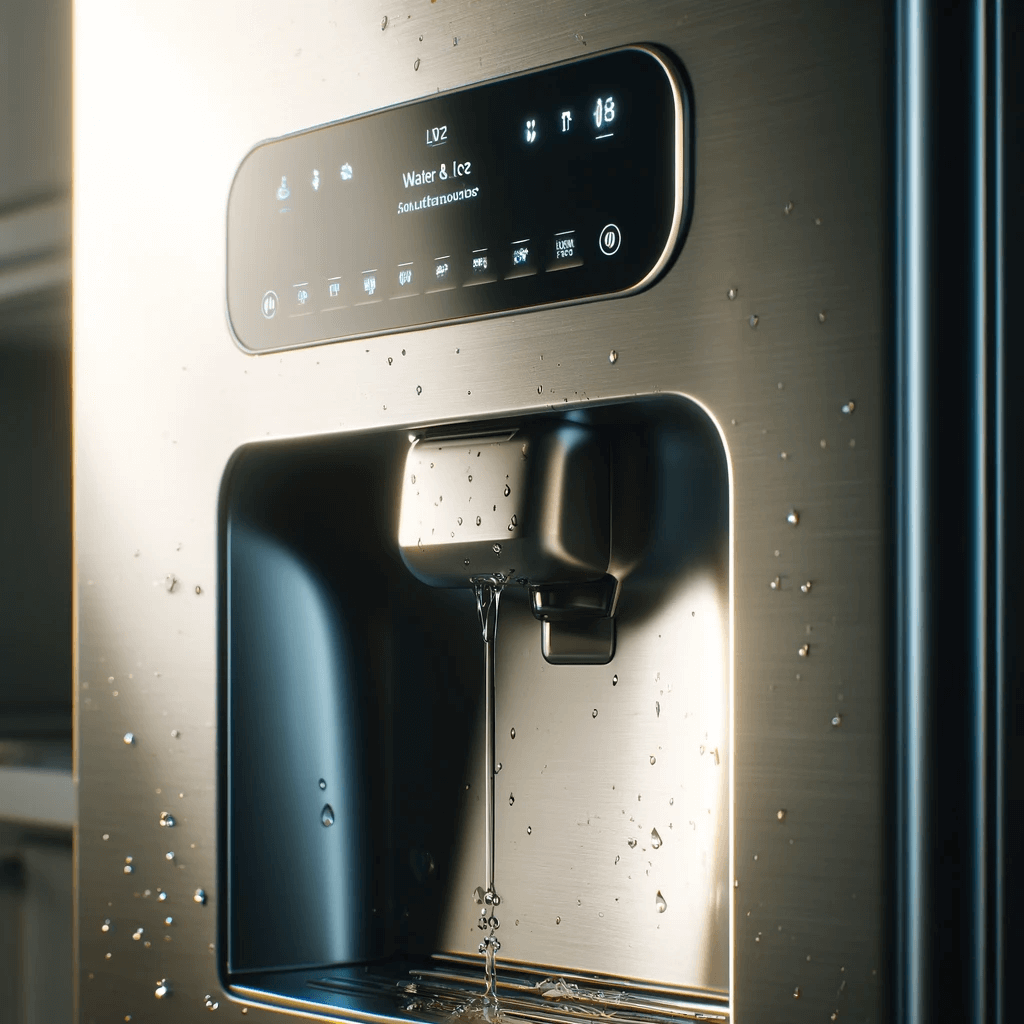 A close-up view of a refrigerator's water and ice dispenser