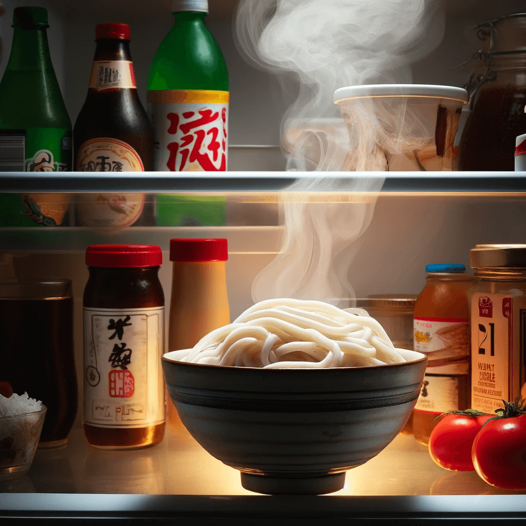 A hot bowl of udon noodles with steam rising causing freezer frosting