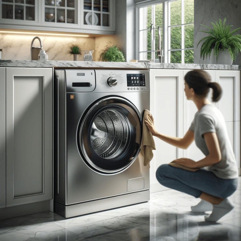 A person cleaning front-load washing machine