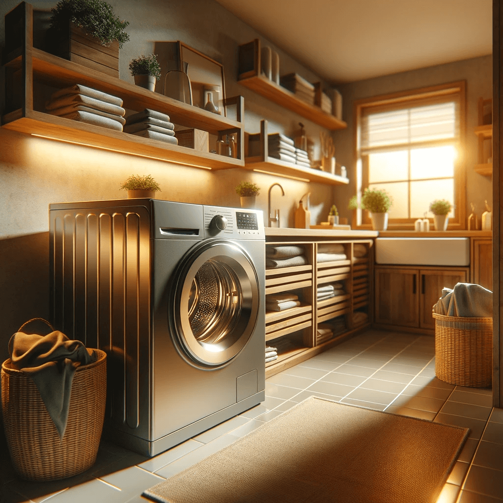 Washer Dryer Combo in Warmly Lit Laundry Room