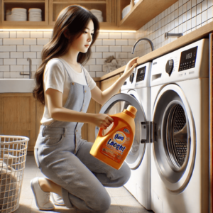 Asian female placing laundry detergent into a front-loading washing machine