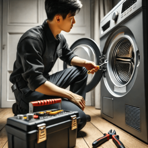 Technician repairing a clothes dryer