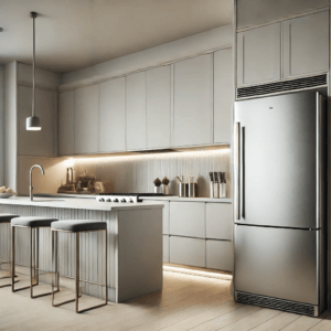 Refrigerator in a contemporary designed kitchen brightly lighted - optimal fridge temperature