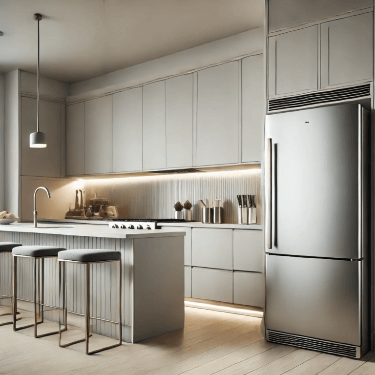 Refrigerator in a contemporary designed kitchen brightly lighted - optimal fridge temperature